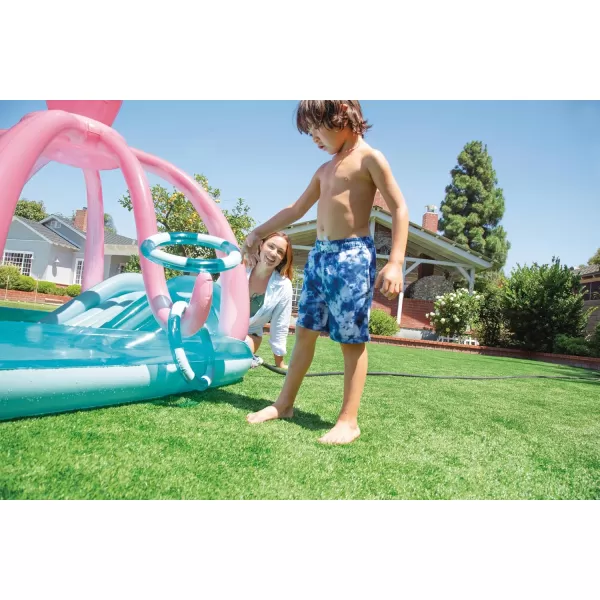 INTEX Friendly Octopus Inflatable Kiddie Pool Inflatable Kids Pool with Water Sprayer and Slide  Splash Pad  92quot x 72quot x 59quot  Ages 3Blue