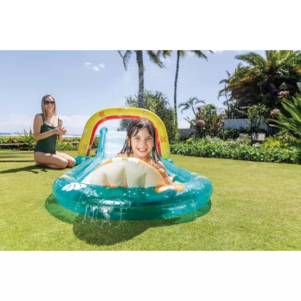INTEX Friendly Octopus Inflatable Kiddie Pool Inflatable Kids Pool with Water Sprayer and Slide  Splash Pad  92quot x 72quot x 59quot  Ages 3Blue