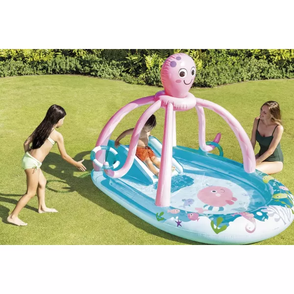 INTEX Friendly Octopus Inflatable Kiddie Pool Inflatable Kids Pool with Water Sprayer and Slide  Splash Pad  92quot x 72quot x 59quot  Ages 3Blue