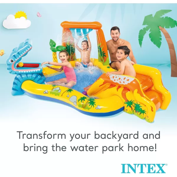 Intex Inflatable Dinosaur Play Center Outdoor Playhouse Inflatable Water Park with Kid Pool Slide Water Sprayer Waterfall and 6 Balls Multicolor
