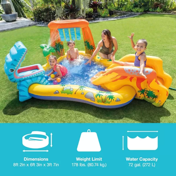 Intex Inflatable Dinosaur Play Center Outdoor Playhouse Inflatable Water Park with Kid Pool Slide Water Sprayer Waterfall and 6 Balls Multicolor