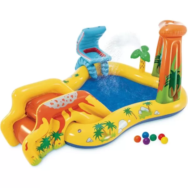 Intex Inflatable Dinosaur Play Center Outdoor Playhouse Inflatable Water Park with Kid Pool Slide Water Sprayer Waterfall and 6 Balls Multicolor