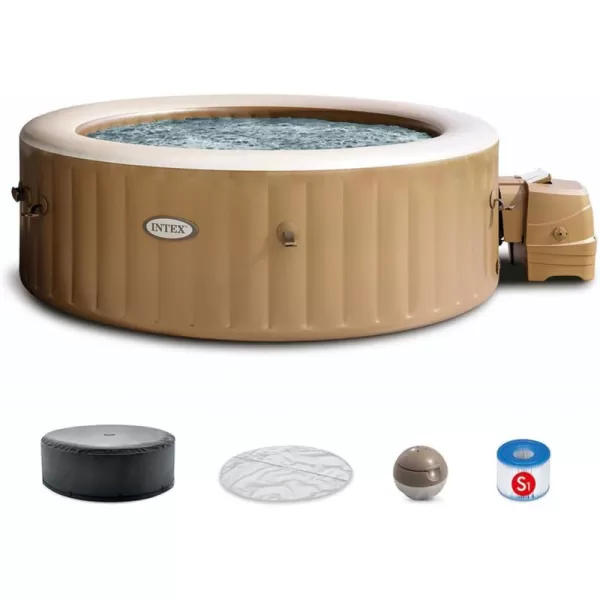 Intex PureSpa 4 Person Bubble Massage Inflatable Hot Tub Spa Set Sahara TanIncludes Energy Efficient Spa Cover Saltwater System Ready