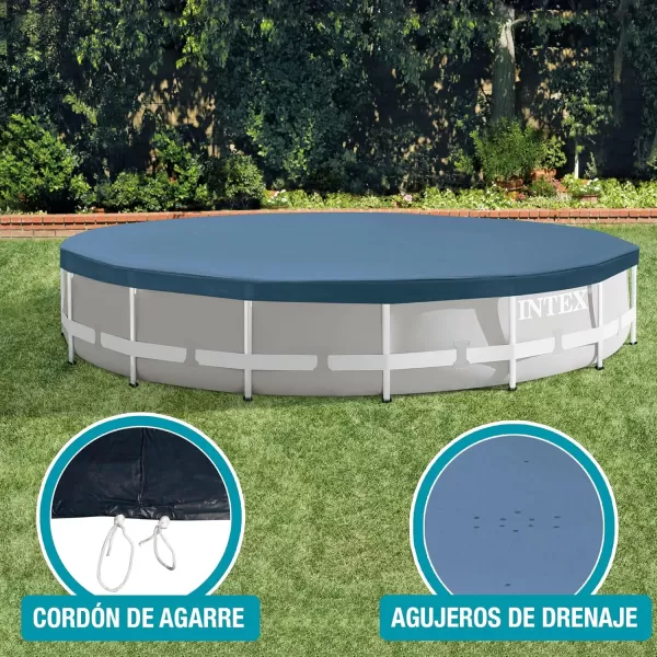 INTEX 28032E Pool Cover for 15ft Round Metal Frame Pools  Includes Rope Tie  Drain Holes  10in Overhang  Snug Fit10 ft