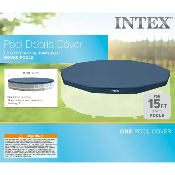 INTEX 28032E Pool Cover for 15ft Round Metal Frame Pools  Includes Rope Tie  Drain Holes  10in Overhang  Snug Fit15 ft