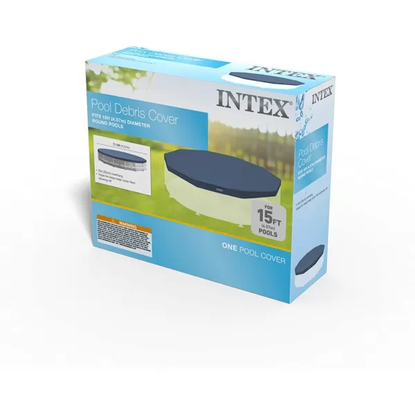 INTEX 28032E Pool Cover for 15ft Round Metal Frame Pools  Includes Rope Tie  Drain Holes  10in Overhang  Snug Fit15 ft