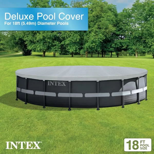 INTEX 28032E Pool Cover for 15ft Round Metal Frame Pools  Includes Rope Tie  Drain Holes  10in Overhang  Snug Fit18 ft