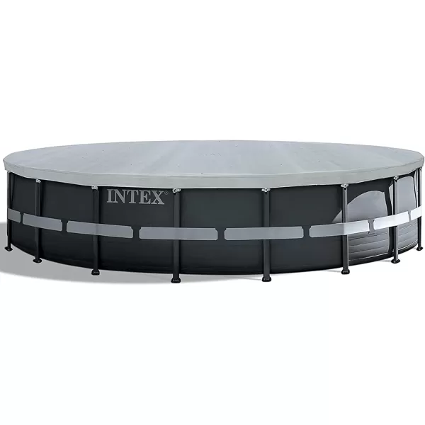 INTEX 28032E Pool Cover for 15ft Round Metal Frame Pools  Includes Rope Tie  Drain Holes  10in Overhang  Snug Fit18 ft