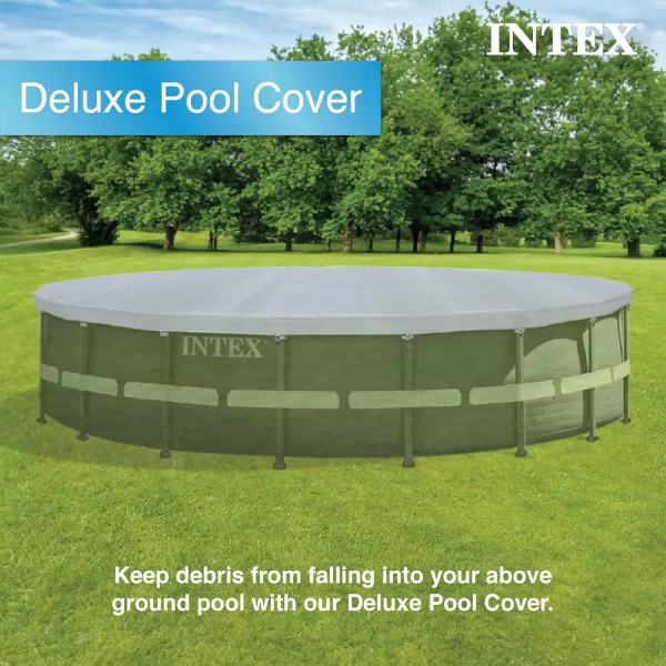 INTEX 28032E Pool Cover for 15ft Round Metal Frame Pools  Includes Rope Tie  Drain Holes  10in Overhang  Snug Fit18 ft