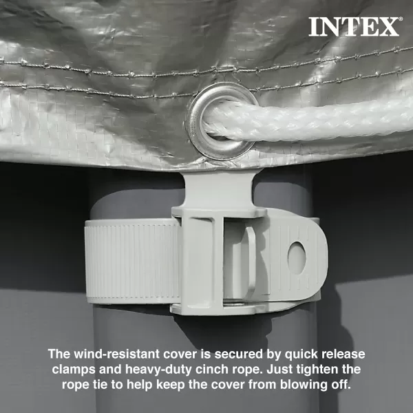 INTEX 28032E Pool Cover for 15ft Round Metal Frame Pools  Includes Rope Tie  Drain Holes  10in Overhang  Snug Fit18 ft
