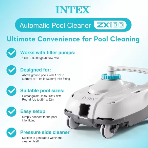 INTEX Deluxe PressureSide Above Ground Automatic Pool Cleaner Vacuum  For Bigger Pools  Cleans Pool Floors and Walls  Removes Debris  Removable Filter Tray  21ft Tangle Free HoseZX100