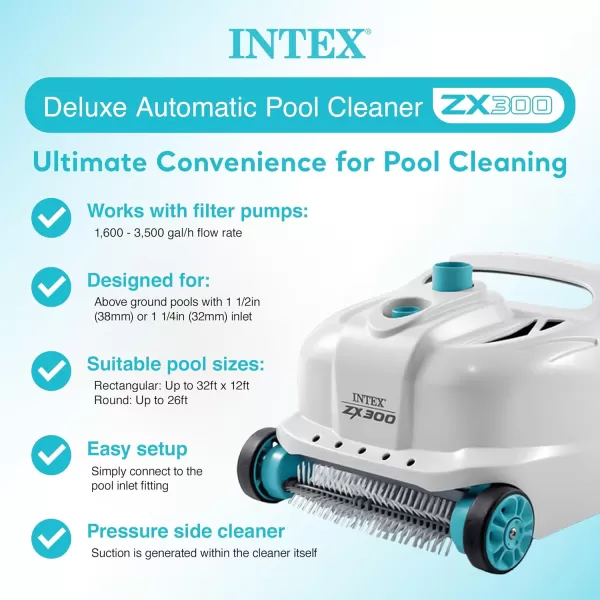 INTEX Deluxe PressureSide Above Ground Automatic Pool Cleaner Vacuum  For Bigger Pools  Cleans Pool Floors and Walls  Removes Debris  Removable Filter Tray  21ft Tangle Free HoseZX300