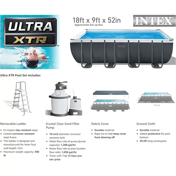 Intex 26355EH Ultra XTR Deluxe Rectangular Above Ground Swimming Pool Set 18ft x 9ft x 52in  Includes 1500 GPH Sand Filter Pump  SuperTough Puncture Resistant  Rust Resistant  Easy to Assemble18 x 9 x 52