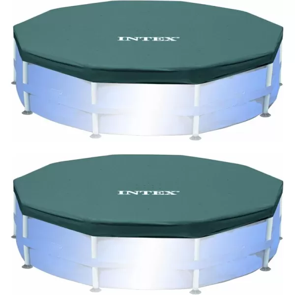 INTEX 28032E Pool Cover for 15ft Round Metal Frame Pools  Includes Rope Tie  Drain Holes  10in Overhang  Snug Fit15 ft 2 Pack