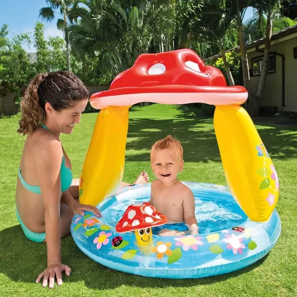 INTEX 57114EP Mushroom Baby Pool BuiltIn Mushroom Shade  Soft Inflatable Floor  Durable Vinyl  Ages 13  40quot x 35quot