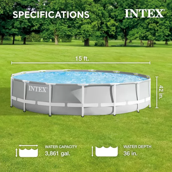 Intex 26723EH Prism Frame Premium Above Ground Swimming Pool Set 15ft x 42in  Includes 1000 GPH Cartridge Filter Pump  Removable Ladder  Pool Cover  Ground Cloth15 x 42