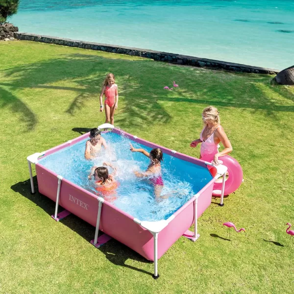 Intex 7 x 4 x 24quot Rectangular Metal Frame Above Ground Outdoor Swimming Pool PinkRectangle