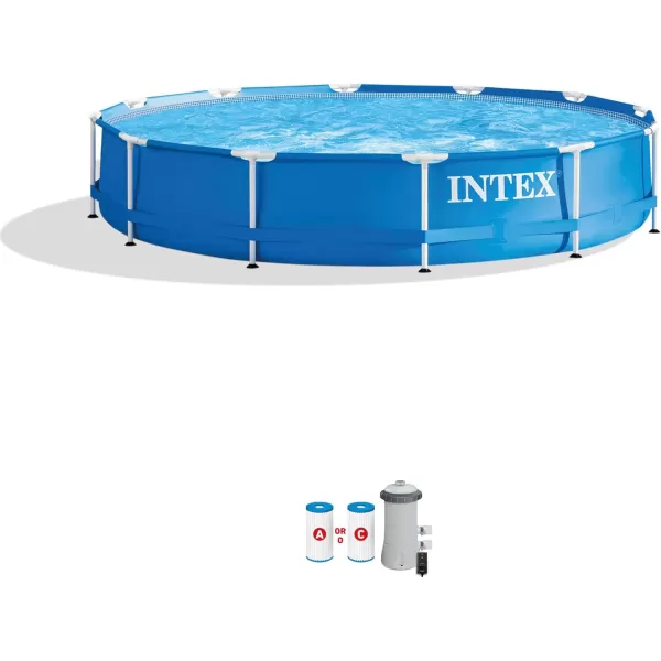 Intex Metal Frame 12 Foot x 30 Inch Round Above Ground Outdoor Backyard Swimming Pool with 530 GPH Filter Cartridge Pump NavyBlue