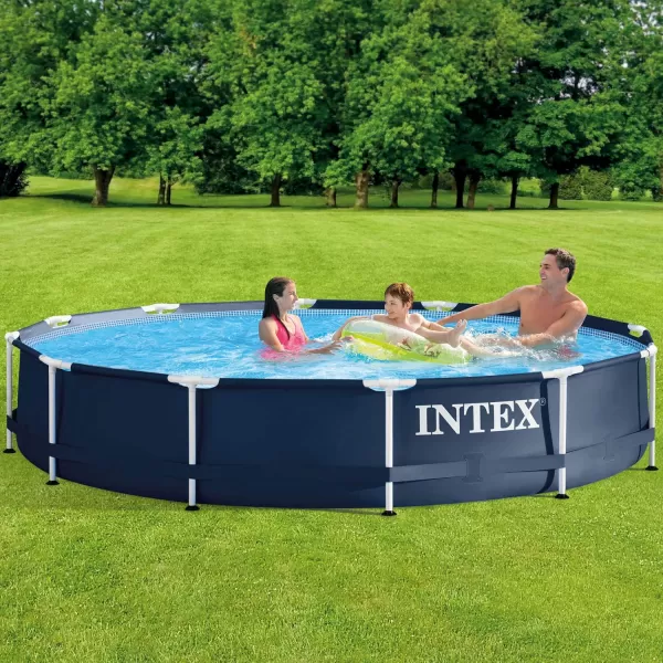 Intex Metal Frame 12 Foot x 30 Inch Round Above Ground Outdoor Backyard Swimming Pool with 530 GPH Filter Cartridge Pump NavyNavy