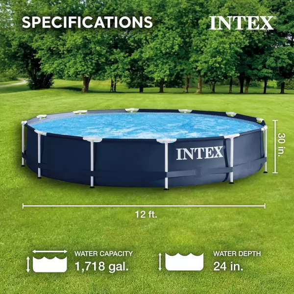 Intex Metal Frame 12 Foot x 30 Inch Round Above Ground Outdoor Backyard Swimming Pool with 530 GPH Filter Cartridge Pump NavyNavy