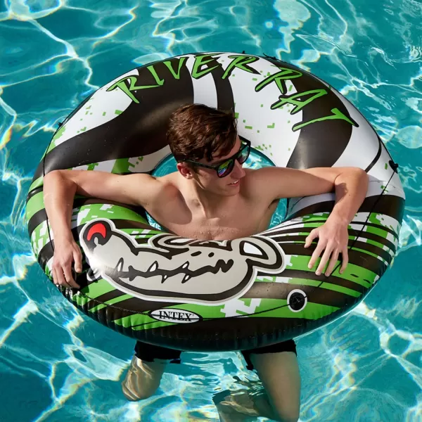 Intex River Rat 48 Inch Inflatable Vinyl Towable Boat Floating Tube Raft for Swimming Pool and Lake in Green Rat or Graffiti Rat Design Color Varies
