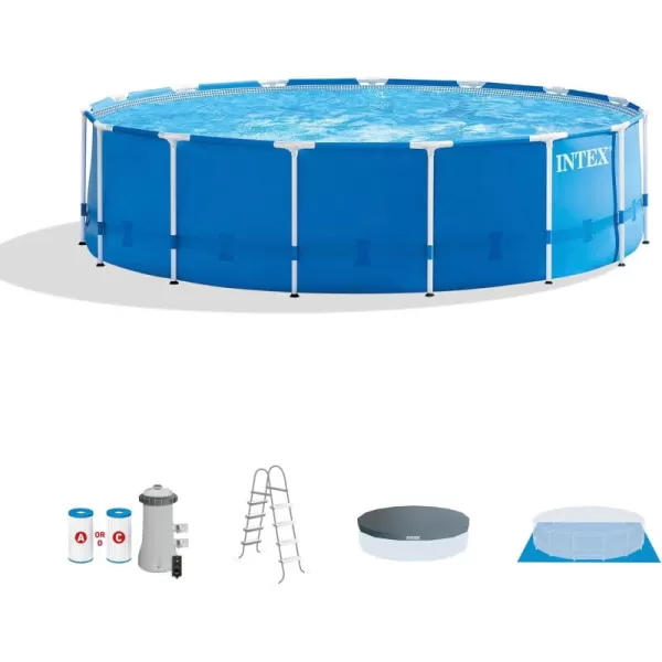 INTEX 28253EH Metal Frame Above Ground Swimming Pool Set 18ft x 48in  Includes 1500 GPH Cartridge Filter Pump  Removable Ladder  Pool Cover  Ground Cloth15 x 48