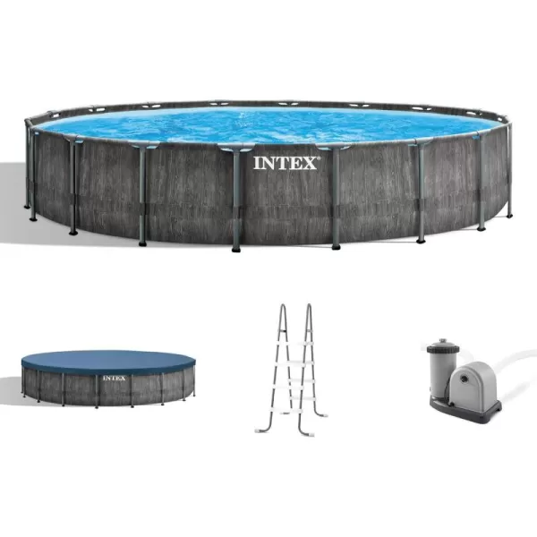 Intex Greywood Prism Frame 15 x 48quot Round Above Ground Outdoor Swimming Pool Set with 1000 GPH Filter Pump Ladder Ground Cloth and Pool Cover18 x 48