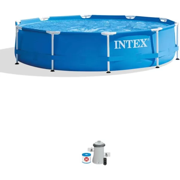 Intex Metal Frame 12 Foot x 30 Inch Round Above Ground Outdoor Backyard Swimming Pool with 530 GPH Filter Cartridge Pump NavyBlue