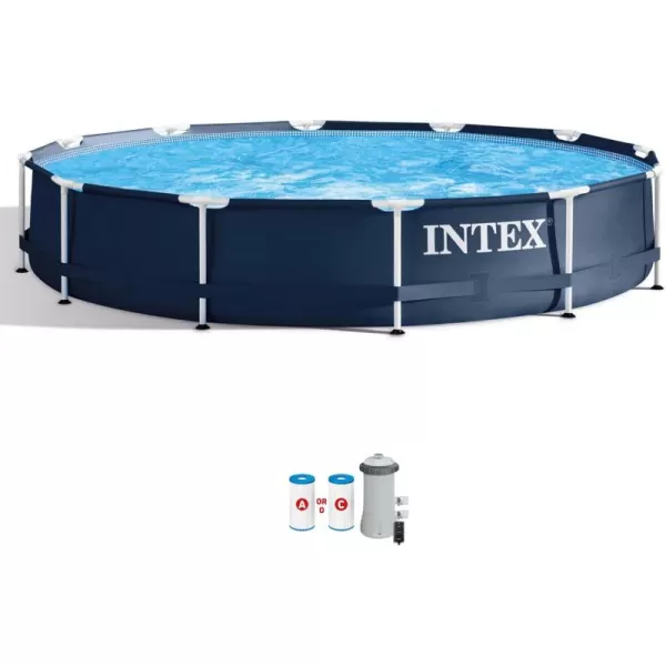 Intex Metal Frame 12 Foot x 30 Inch Round Above Ground Outdoor Backyard Swimming Pool with 530 GPH Filter Cartridge Pump NavyNavy