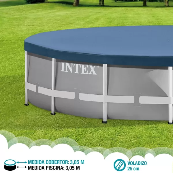 INTEX 28032E Pool Cover for 15ft Round Metal Frame Pools  Includes Rope Tie  Drain Holes  10in Overhang  Snug Fit10 ft