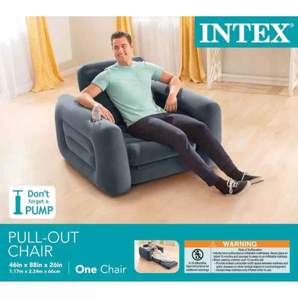 Intex 66551EP Inflatable PullOut Chair Builtin Cupholder  Velvety Surface  2in1 Valve  Folds Compactly  80quot x 91quot x 26quotGrey