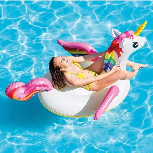 Intex Durable Premium Raft Grade Vinyl Unicorn Inflatable Ride On Pool Float with 2 Heavy Duty Handles and Repair Patch Multicolor