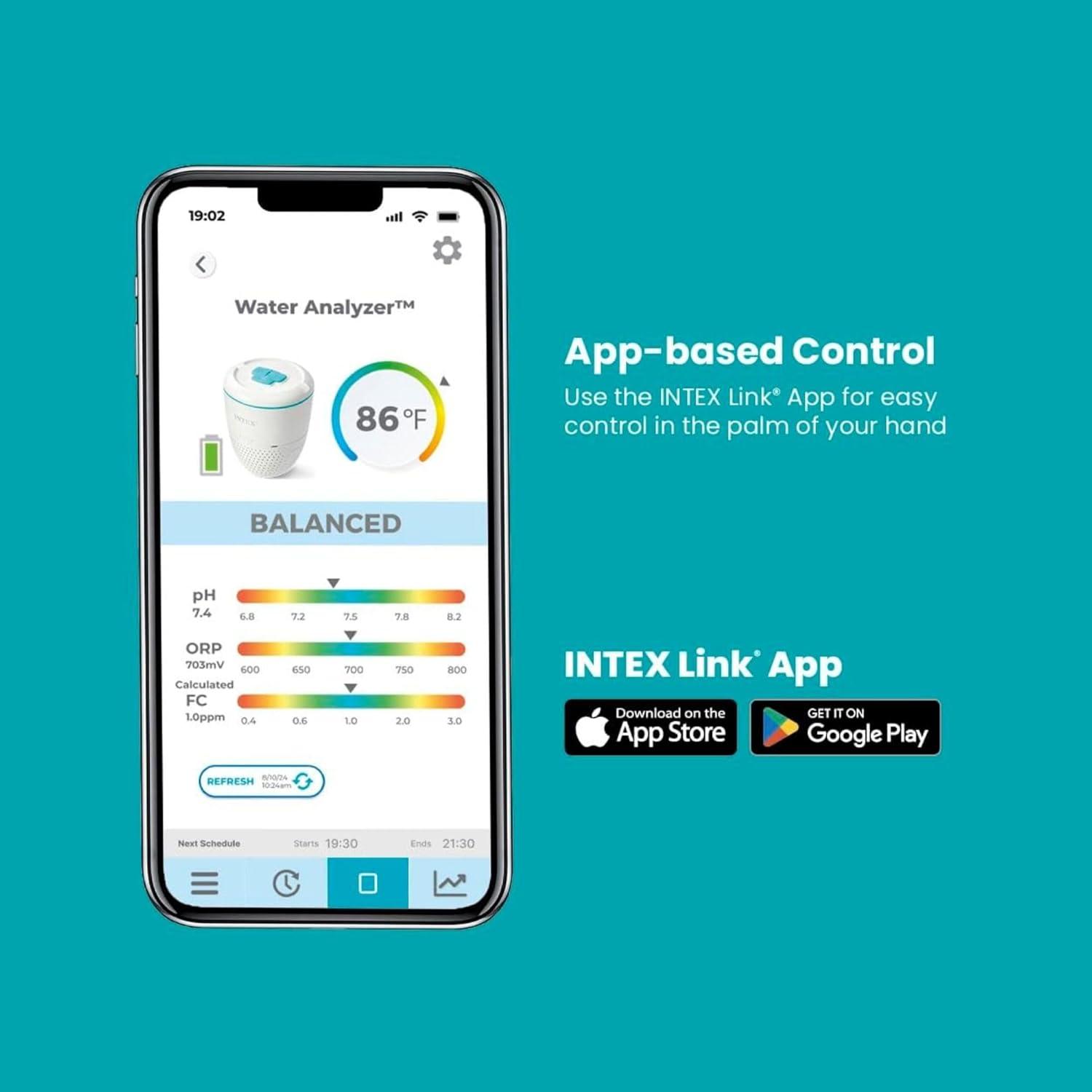 image:imageINTEX Smart Pool Water Analyzer with App Monitoring  Automated pH amp Chlorine Tracking RealTime Alerts Works with Saltwater Systems amp Sand Filter Pumps