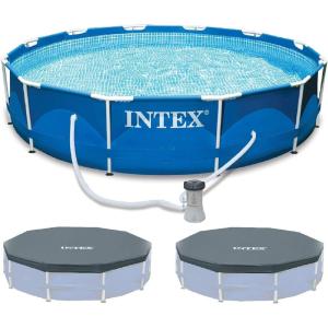 image:imageINTEX Metal Frame 12ft x 30in Round 6 Person Outdoor Swimming Pool Set with Filter Pump TypeA Cartridge and Pool Covers 2Pack ToolFree Assembly
