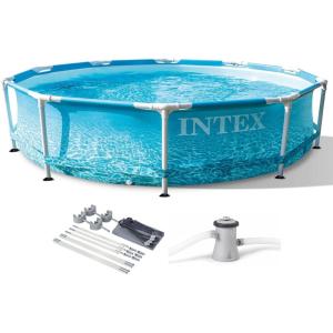 image:imageIntex 28207EH 10 Feet x 30 Inch Metal Frame Outdoor Backyard Above Ground Circular Beachside Swimming Pool with Filter Pump and Protective Canopy