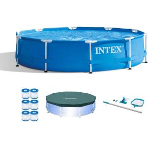 image:imageIntex Metal Frame 10 x 30 Round Outdoor Swimming Pool Set with 330 GPH Filter Pump Maintenance Kit Cover and Filter Cartridges 6 Pack