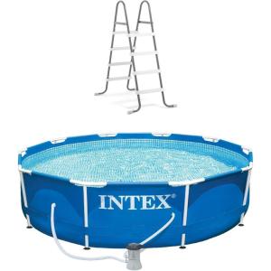 image:imageINTEX 10ft x 30in Round Metal Frame Above Ground Pool Set with 330 GPH Filter Pump Type H Filter Cartridge and Steel Frame Pool Ladder