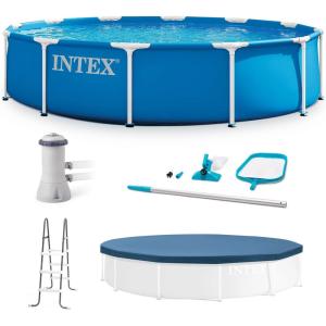 image:imageIntex 12 Foot by 30 Inch Framed Above Ground Swimming Pool with 42 Inch Tall Ladder Maintenance Kit Vacuum Skimmer and Secure Vinyl Pool Cover