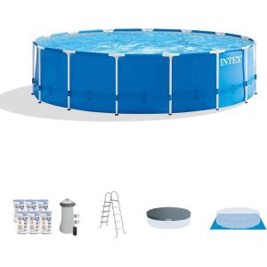 image:imageIntex 15ft x 48in Above Ground Frame Swimming Pool Set with 120V 1000 GPH Pump Filter Pump Cartridges Ground Cloth and Debris Cover