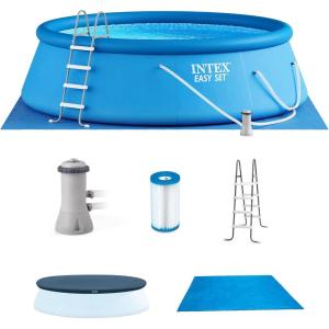 image:imageIntex 15ft x 48in Easy Set Above Ground Inflatable Ring Top Swimming Pool with Filter Catridge Pump and Solar Cover