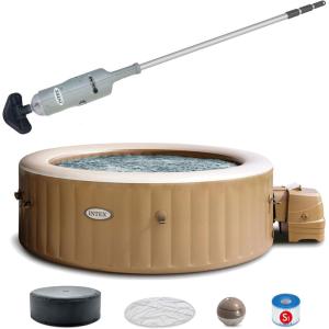 image:imageIntex Rechargeable Handheld Above Ground Pool Vacuum Cleaner with 2 Brush Heads and PureSpa 6 Person Bubble Massage Inflatable Hot Tub Spa Sahara Tan