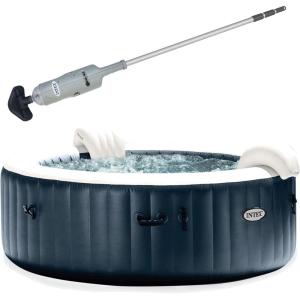 image:imageIntex Rechargeable Handheld Above Ground Pool Vacuum Cleaner with Brush Heads and PureSpa 6 Person Bubble Massage Inflatable Hot Tub Spa Cobalt Blue