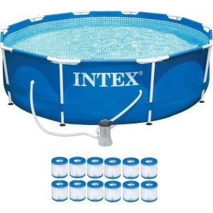image:imageIntex Sturdy Outdoor Metal Frame Above Ground Pool Set with Drain Plug Filter Pool Pump and Type H Filter Cartridges 12 Pack