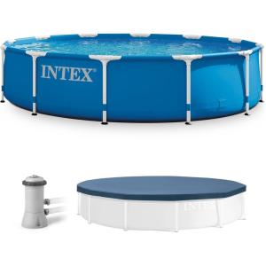 image:imageIntex 12 Foot x 30 Inch Round Metal Frame Above Ground Outdoor Swimming Pool Set with Filter Pump and Easy Set Round Vinyl Pool Cover Blue