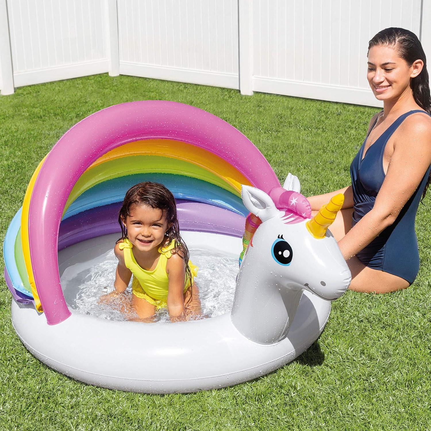 image:imageIntex 57113EP 50 Inch Unicorn Design Outdoor 1 to 3 Years Old Baby Swimming Pool with Soft Floor Bottom and Built In Sunshade Multicolor