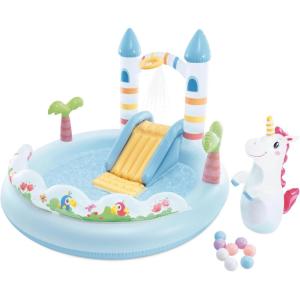 image:imageINTEX 56148EP Unicorn Castle Inflatable Kiddie Pool Inflatable Kids Pool with Water Sprayer and Slide  Splash Pad  77 x 70 x 50  Ages 3