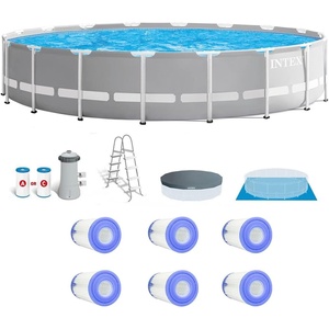 image:imageIntex 26731EH 18ft x 48in Outdoor Prism Frame Above Ground Swimming Pool Set with Cover Ladder Filter Pump and 6 Replacement Filters Gray
