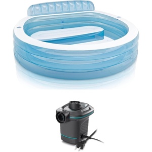 image:imageINTEX Swim Center Inflatable Family Lounge Pool BuiltIn Bench  Cup Holder  156 Gallon Capacity  90x86x31 Bundled with 120V Electric Air Pump