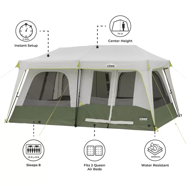 CORE Instant Cabin Tent  Multi Room Tent for Family  Large Pop Up Tent with Organization for Outdoor Camping Accessories  4 Person  6 Person  8 Person  10 Person Tent for Camping8 Person