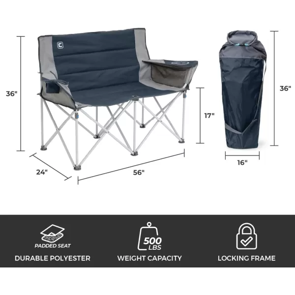 CORE Loveseat Outdoor Camp Chair  2 Person Double Camping Chair  Foldable Lawn Chair with Storage Pockets for Accessories  Perfect for Concert Seat Festivals Sports Beach Travel ampamp PicnicNavy
